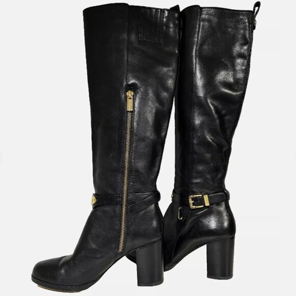 Michael Kors Shoes - Michael Kors Women Riding Boots 5.5 Black Leather Arley Knee High MK Logo Plate